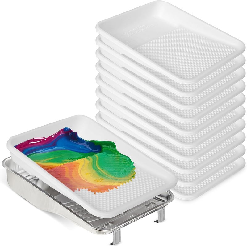 UNVERT Paint Tray and Liner Set, Set Includes 9" Reusable Metal Pans Tray & 10 Pack of 9" White Plastic Paint Liners, Paint Roller Trays, Set for Household or Construction Use - Image 1